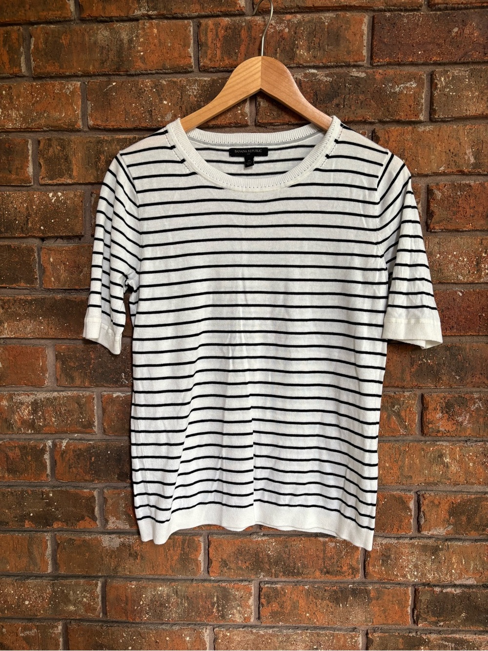 Banana Republic Cream Sweater with Black Stripes, Short Sleeve Crew